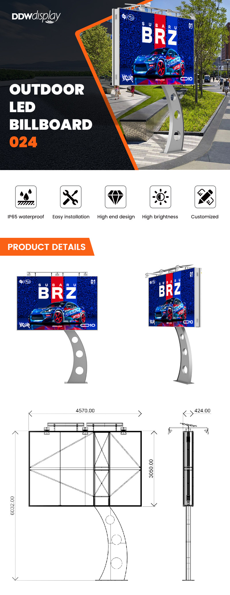 IP65 waterproof p6 8000nits steel advertising digital screen outdoor led billboard