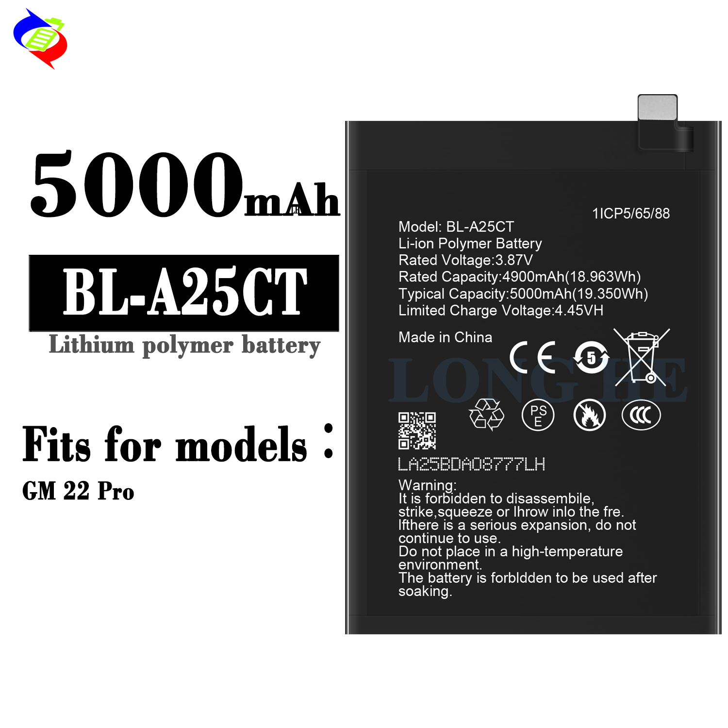 Original BL-A25CT Li-ion Polymer Battery Replacement for General GM22 PRO 5000mAh 3.87V
