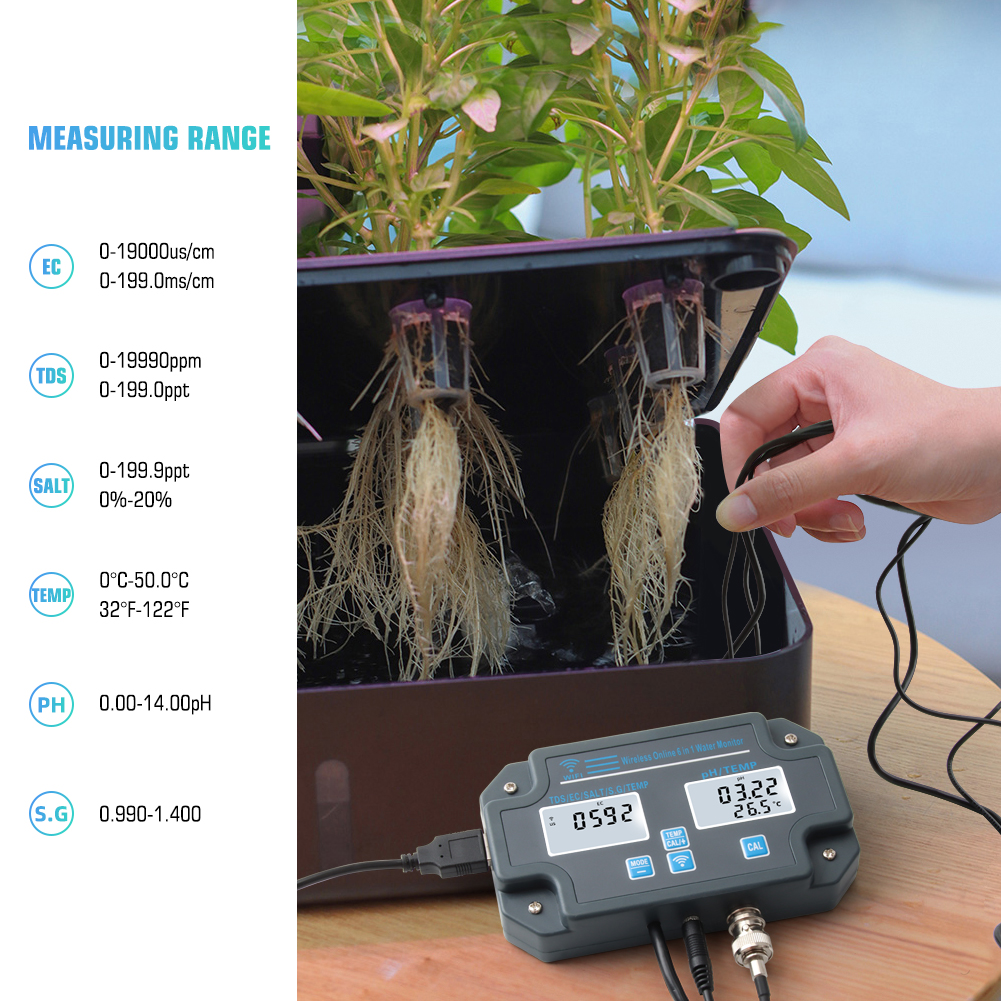 Customized Wifi Water Tester PH-3988 6 in 1 Salt S.G.Temp PH EC TDS Meter for Aquariums
