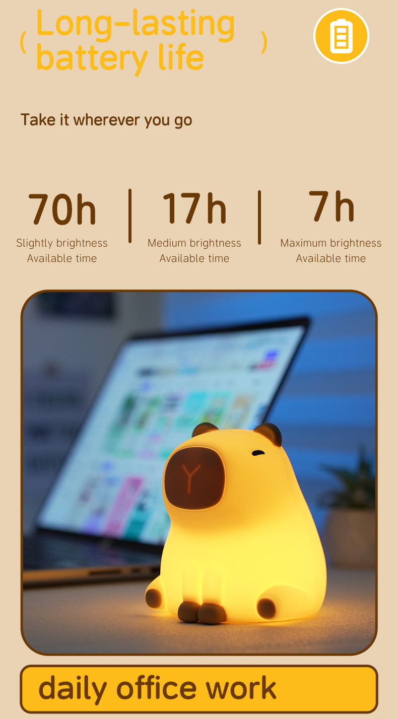 Creative Capybara LED Night Light Cute Silicone Bedside Table Lamp For Kids' Room Smart Home Gift