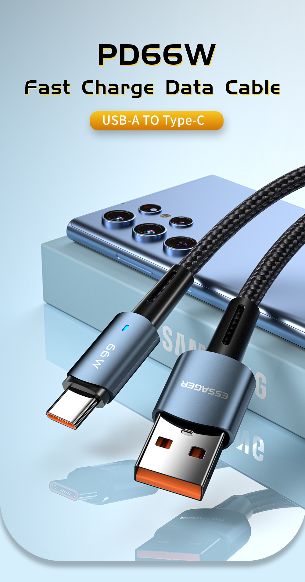 Sunset USB A To C Charging Cable 66W 6A 0.5m 1m 2m 3m USB2.0 480Mbps
