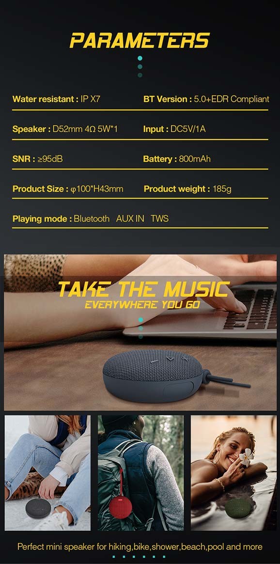 10~24 Hours Extended Play Portable Bluetooth Speaker with ABS Silicone Rubber Fabrics