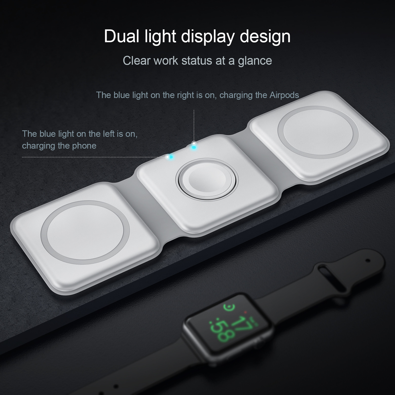 15W Qi Compatible Portable 3 In 1 Wireless Charging Pad With Over Voltage Protection - Black/White
