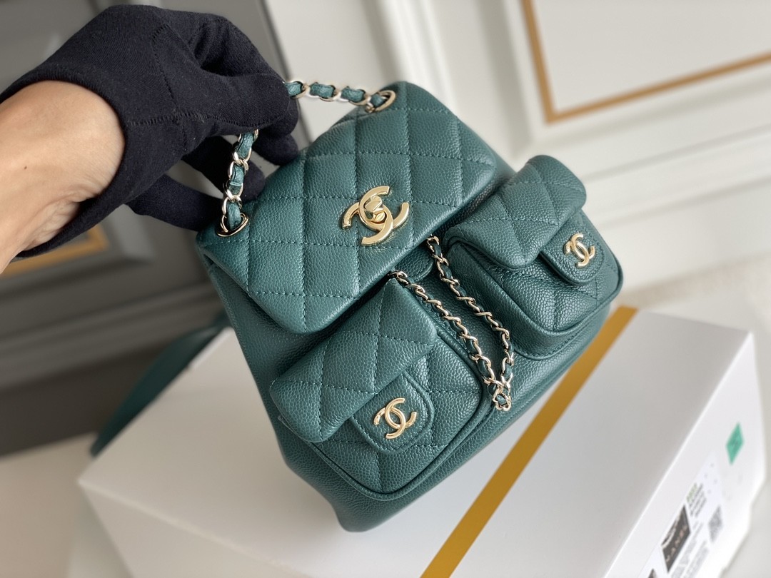 Lychee Leather Chanel Designer Brand Backpack 23P New Duma Small Peacock Green