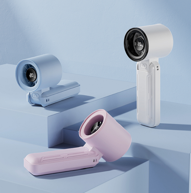 Foldable High-Speed USB Fan with LED Display,3000mAh, 5 Speeds, Type-C, Black