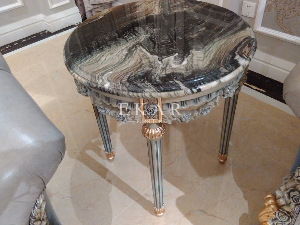Corner Carved Wood Marble Top Coffee Antique End Table For Sofa
