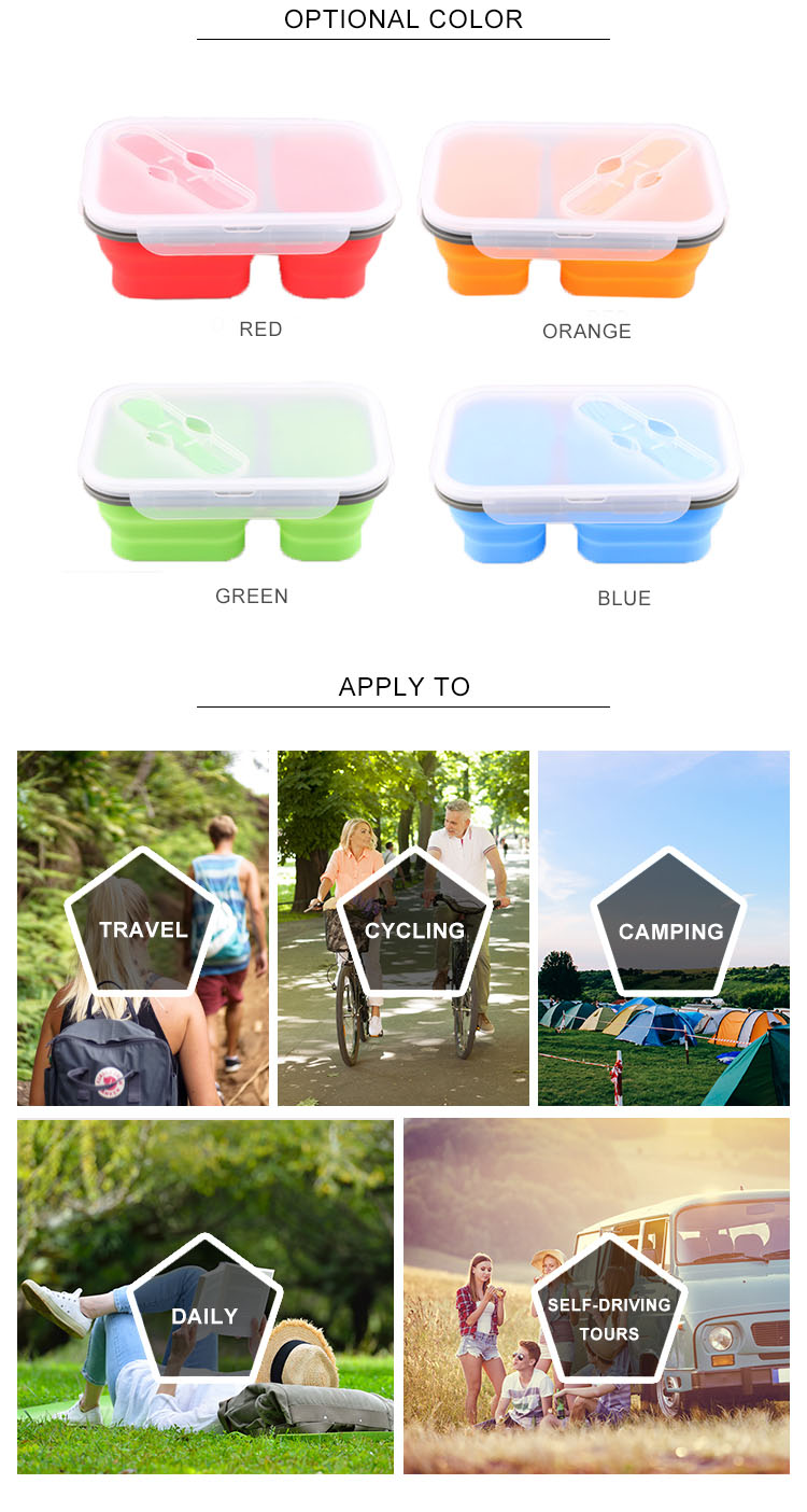 Collapsible Silicone Bento Food Container Microwavable With 2 Compartments