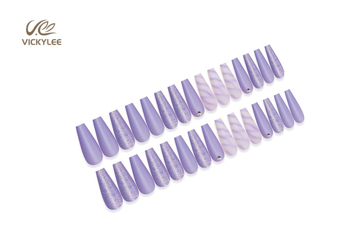 Long Coffin Ballerina OEM Purple DIY Fake Nails With Crystal Stone