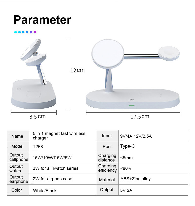 3W Earphone Charging 5-in-1 Magnetic Wireless Charger with USB Output CE/FCC/RoHS Approved