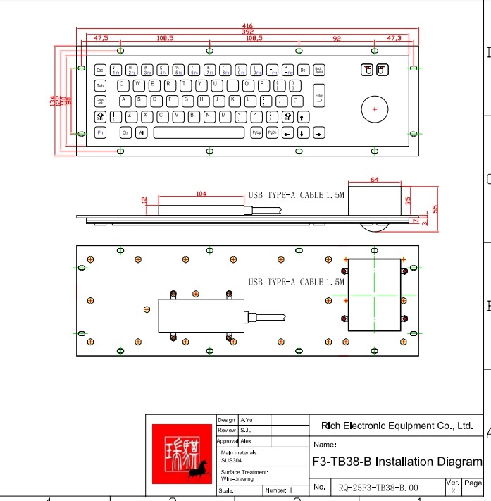 KIOSK IP65 / IK07 waterproof dustproof anti-vandalism Industrial Stainless Steel Keyboard SUS304 With 38mm Trackball Rear Panel Mounted -40℃