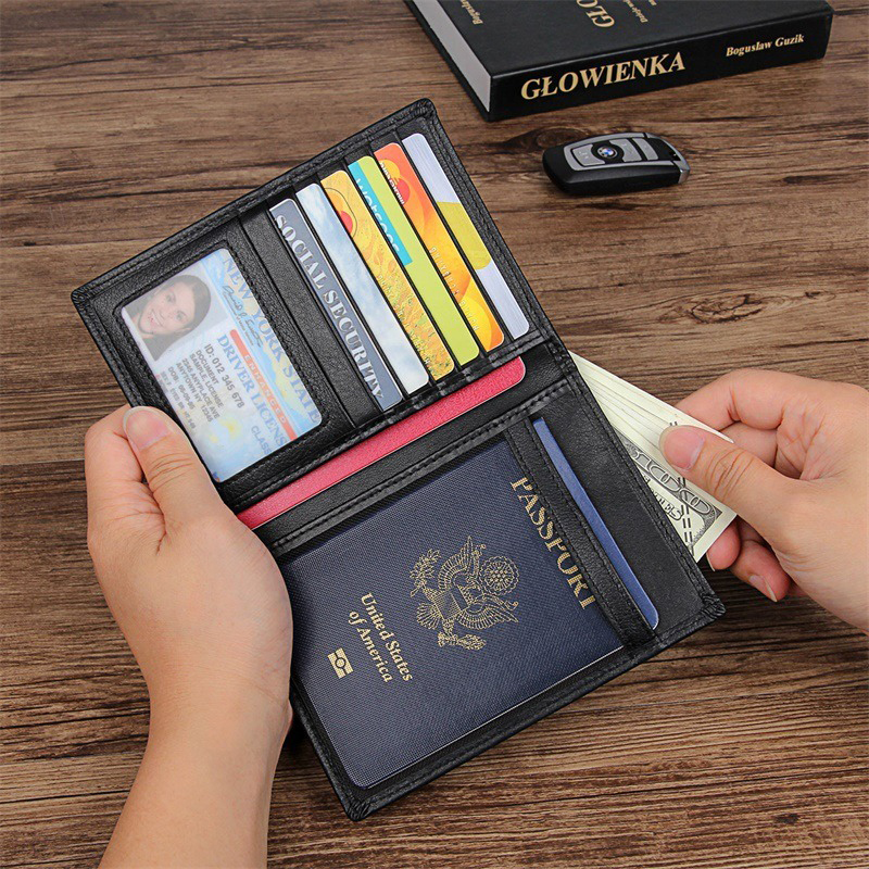 Fashionable Genuine Leather Passport Cover Bifold Wallet with RFID Blocking Cowhide