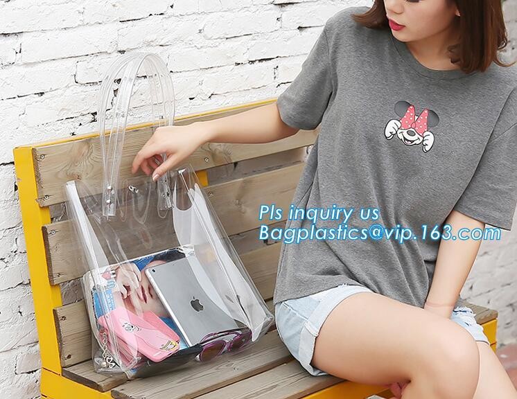 Tote Bags PVC Beach Lash Package Tote Shoulder Bag with Interior Pocket, Waterproof Semi-clear Tote Bags Stripe PVC Shou