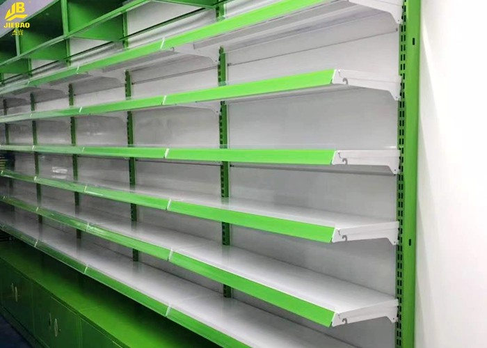 Light Duty Pharmacy Display Racks 5 Steel Layers Green Columns Middle Panel 0.5MM