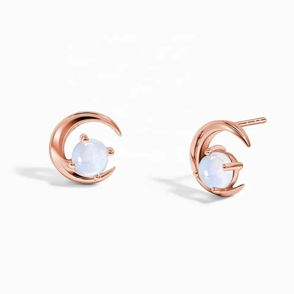 Rose Gold Plated 925 Sterling Silver Rainbow Moonstone Earrings Baguette Cut