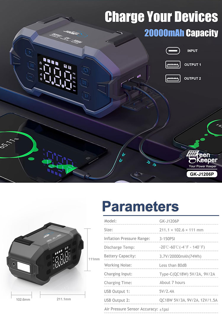3000A 20000mAh Super Capacitor Car Jump Starter With LED Light and USB-A Charging Output