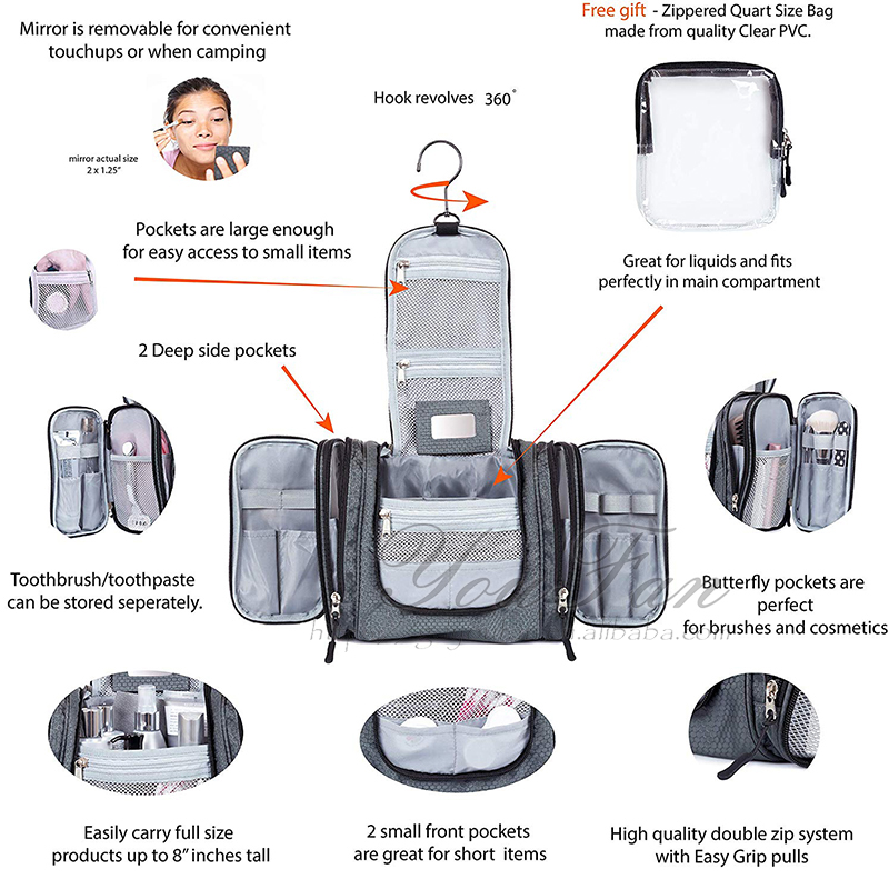 Large Capacity Hanging Travel Toiletry Bag With Zipper Mesh Pocket