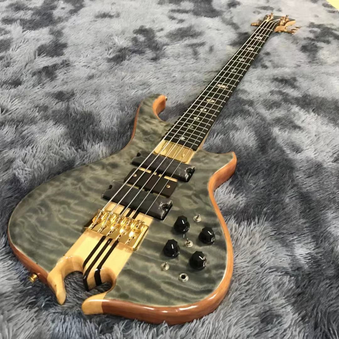 Custom Grand Neck Through Body Flamed Maple Top 5 Strings Bass Guitar Alem Cut Bottom Side LEDs