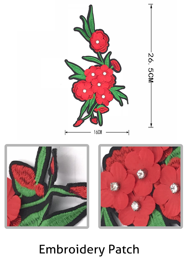 3D Rhinestone Embroidered Cloth Badges , Red Plum Blossom Patch With Polyester Cloth Material