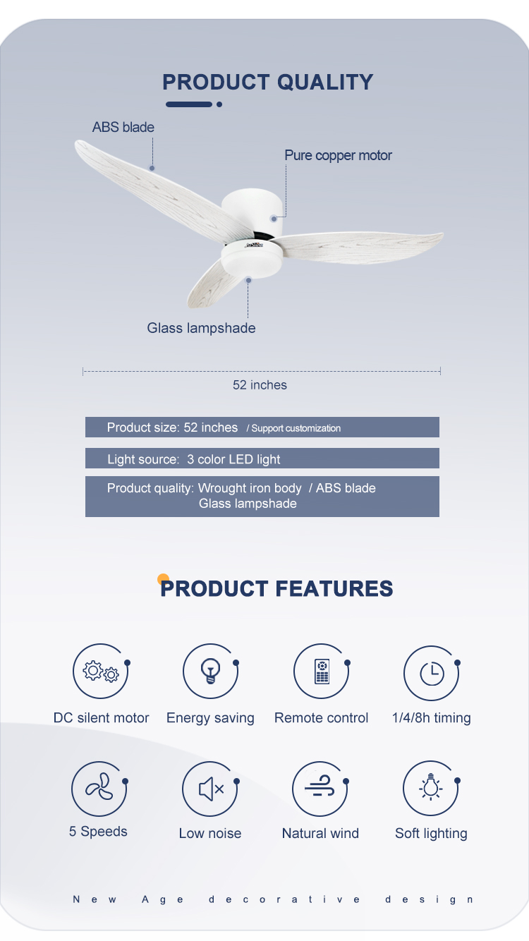 2022 Design 52 inches LED Lighting Ceiling Mounted Fan with Metal Lamp Body Material