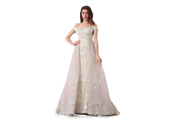 Short Sleeve Arabic Evening Dresses For Ladies / Sweetheart Off Shoulder Long