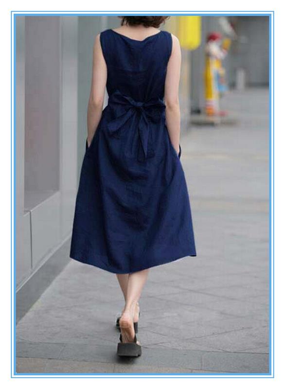 Fashion Lady Sleeveless Flare Linen Cotton Long Dress For Plus size