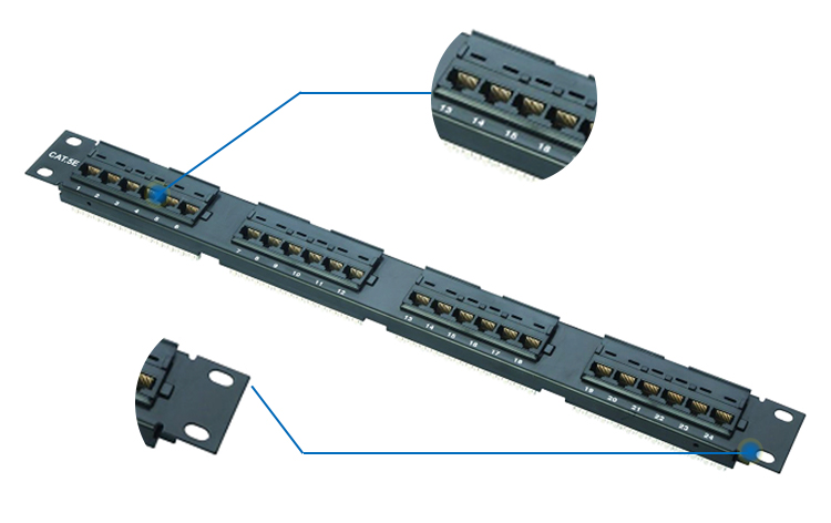 P2424-C5E 24 Port Ethernet Patch Panel , 1U Height Cat5e Feed Through Patch Panel