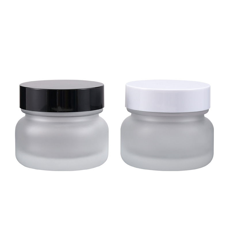 Stock Luxury Skin Care Glass Jar 50g Empty Frosted Cosmetic Packaging with Black Lid and Glass Bottle Plastic Cap White Disc