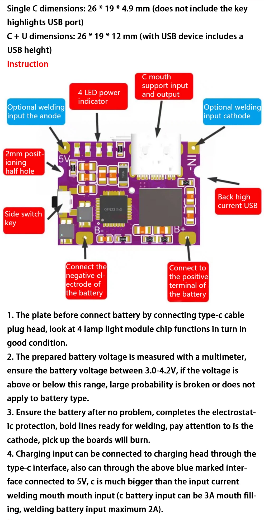 IP5310 Step-Up Power Module Type-C USB Boost Converter 5V 4.2V 3A Lithium Battery Charging Board with LED Indicator