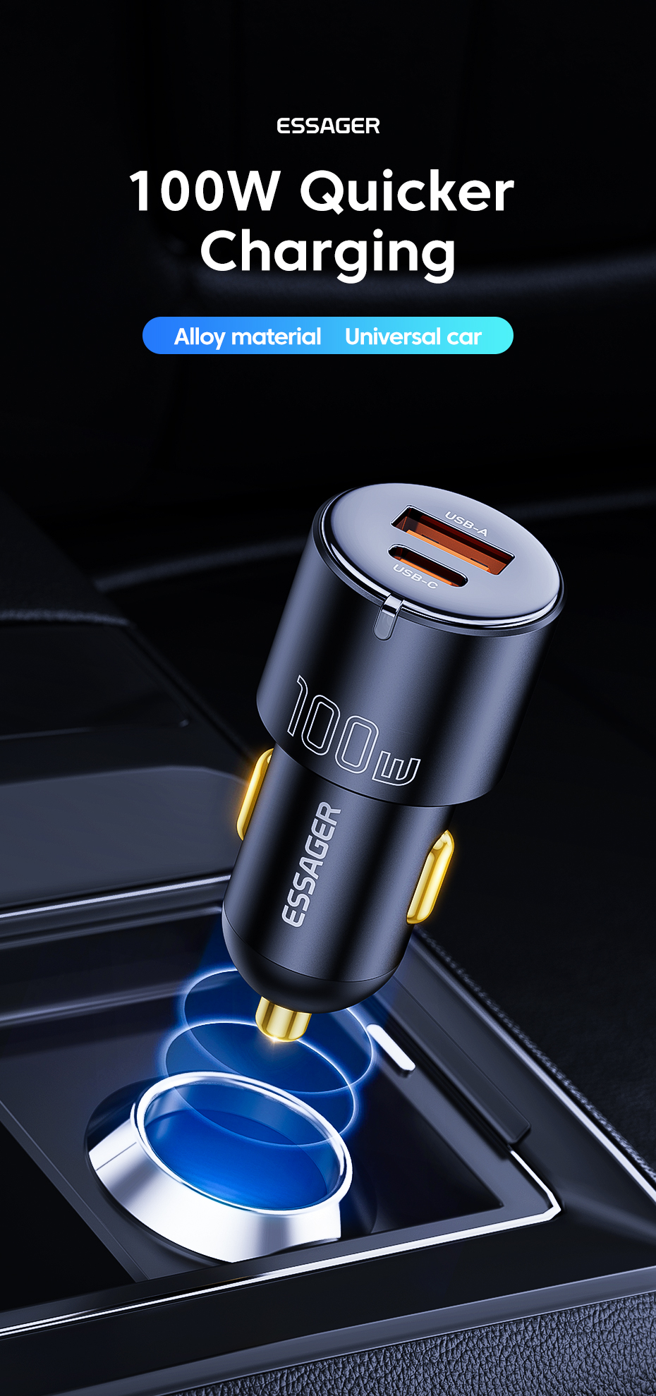 A+C Car Charger Black PD65W Type C And 35W USB-A Dual Port 100W Car Charger