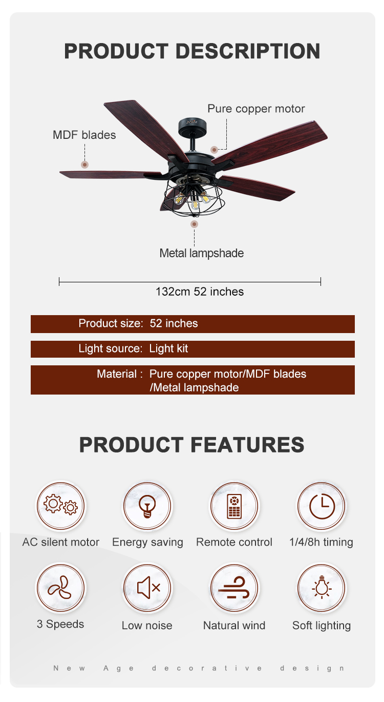 1stshine Ceiling Fan with MDF Wood Blades and Remote Control Traditional Design 10-