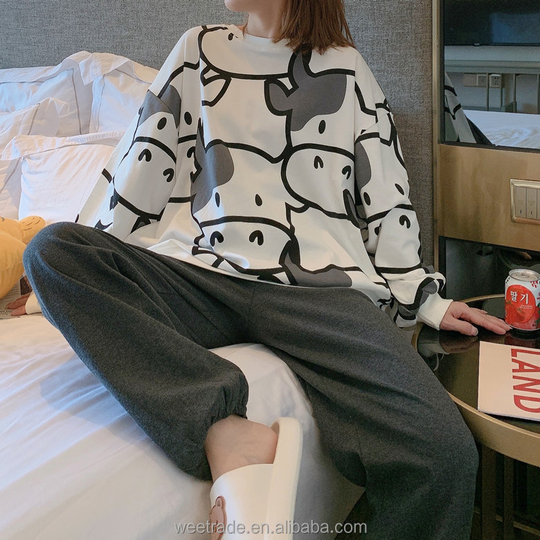 Printed cow long sleeve girl pajamas for ladies leisure wear pajamas 2 piece pajama set