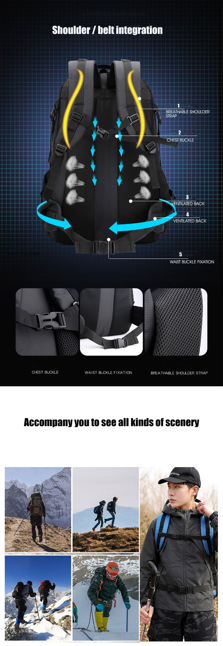 1.3 Inch 70L Camping Backpack Men Women Waterproof Backpack Bag Custom Logo