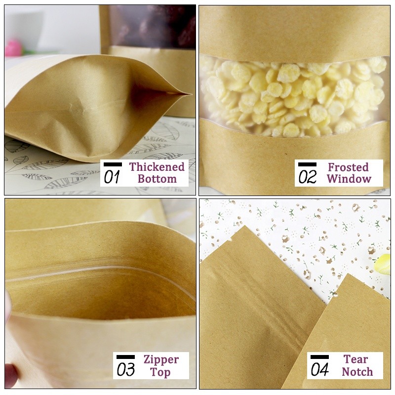 Doypack Resealable k Brown Kraft Paper Standing Up Pouches Food Grade Packaging Zipper Bags With Frosted Window