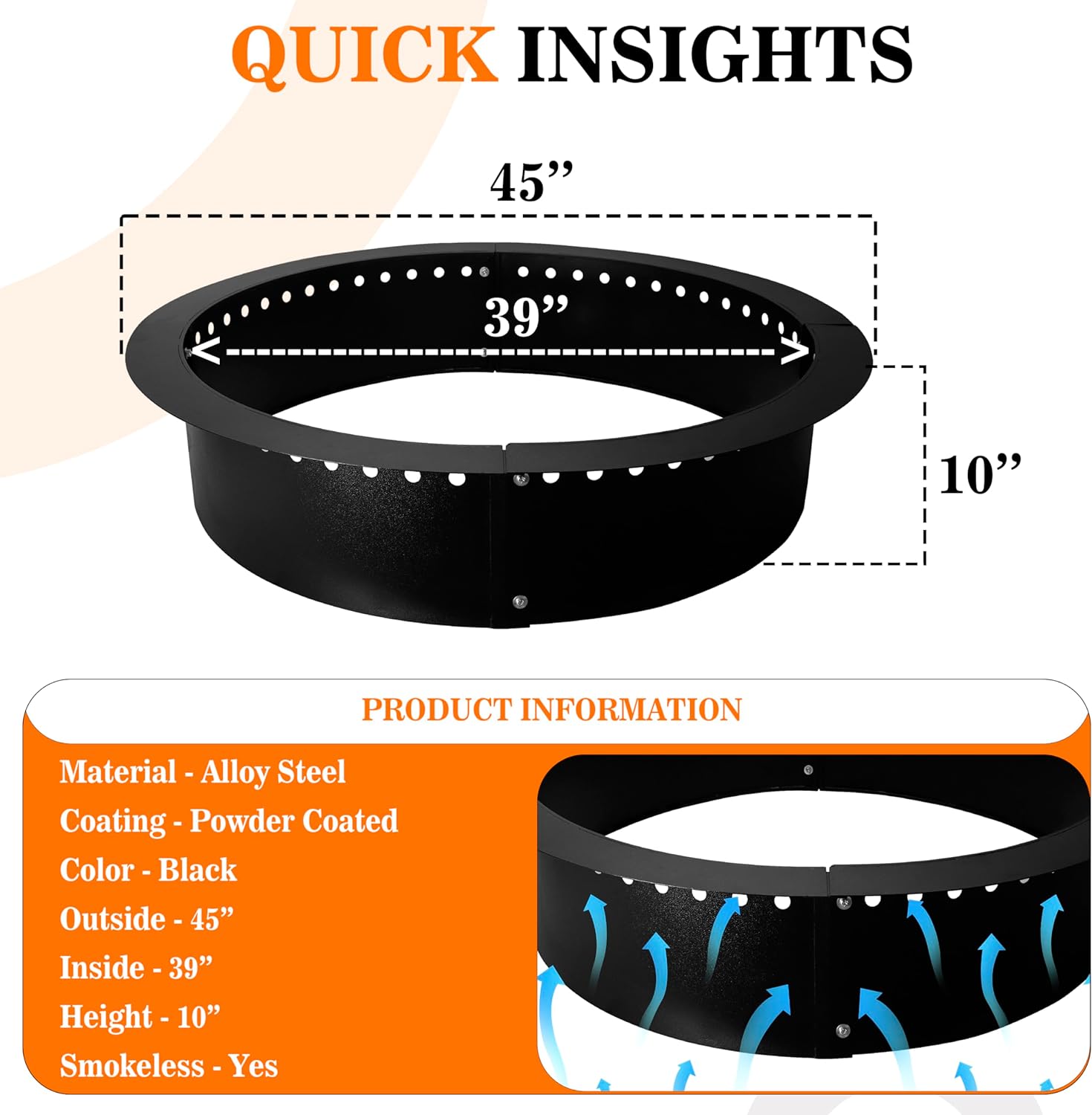 Smokeless Fire Pit Insert Steel 45" Round Foldable Fire Pit Ring with Air Vents and Coller Support