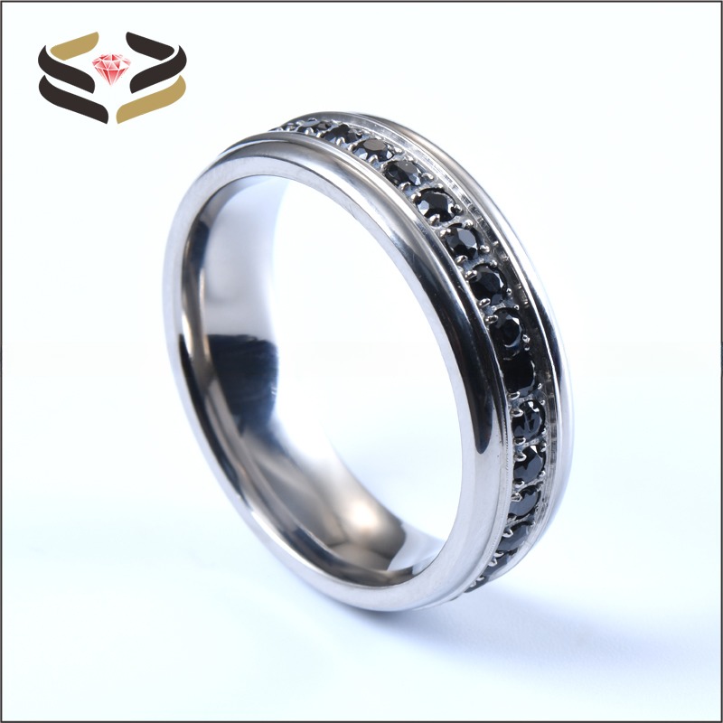 Women Titanium Wedding Rings 6mm With Black Cubic Zirconia Inlay