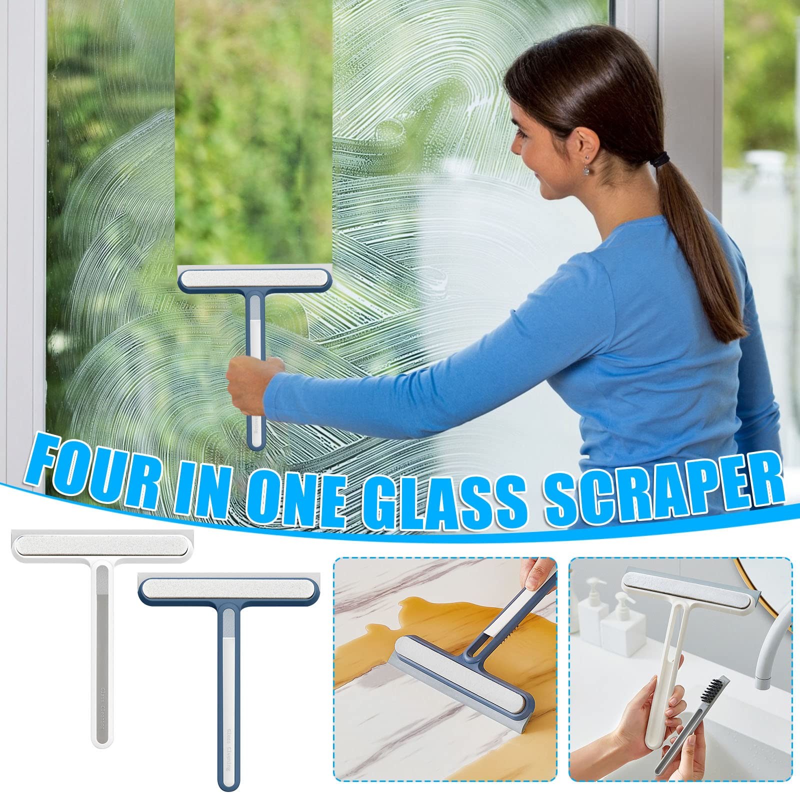 4In1 Dual Sided Glass Wiper Scraper Brush Household Squeegees Brooks Window Cleaning Tool Kit