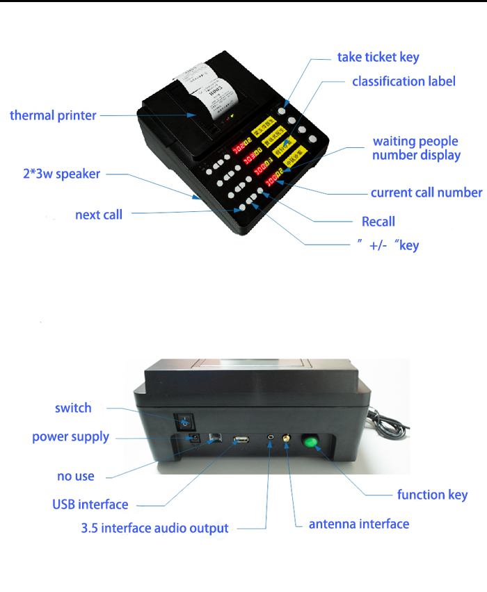 Multifunction wireless queue management ticket printer customer flow queue system