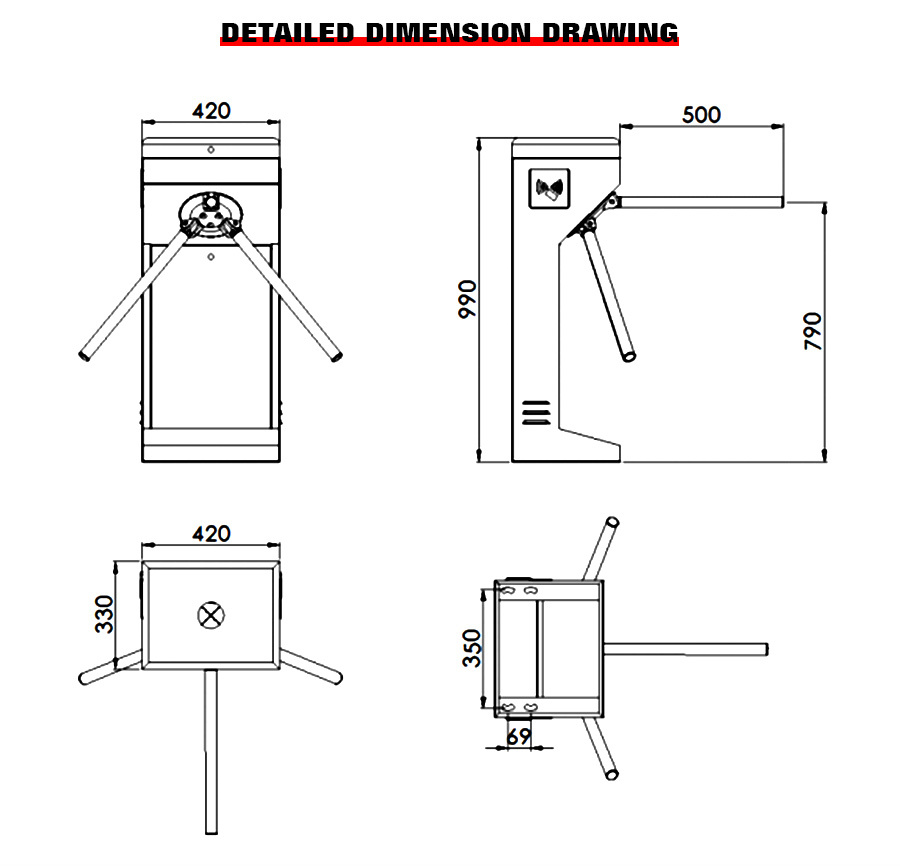 HCW SS 316 304 Waist Height Tripod Turnstile Gate Automatic Security Access Control