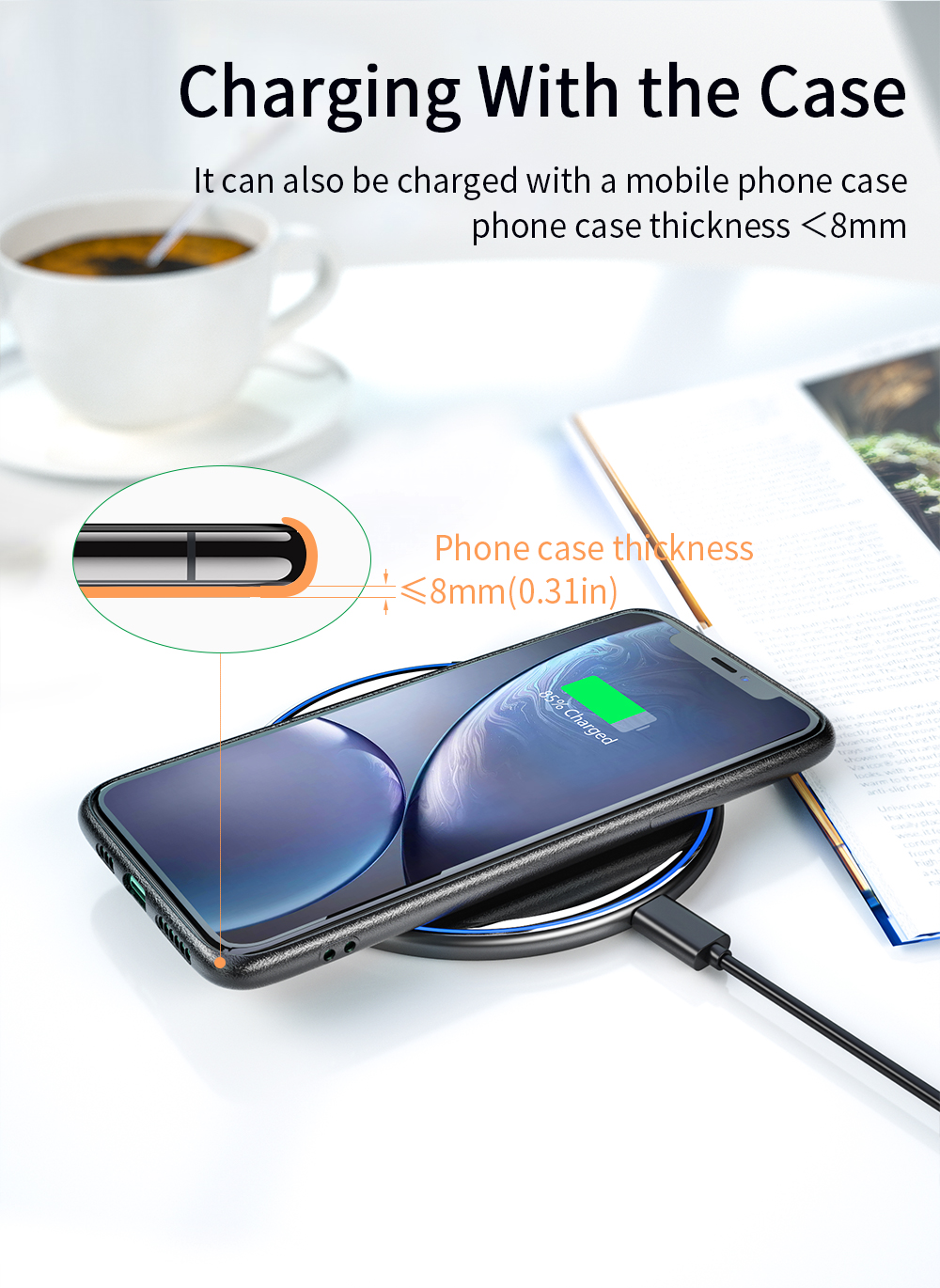 Mirror Desktop Qi Wireless Phone Charger Magnetic 15W With 1m Cable Type-C