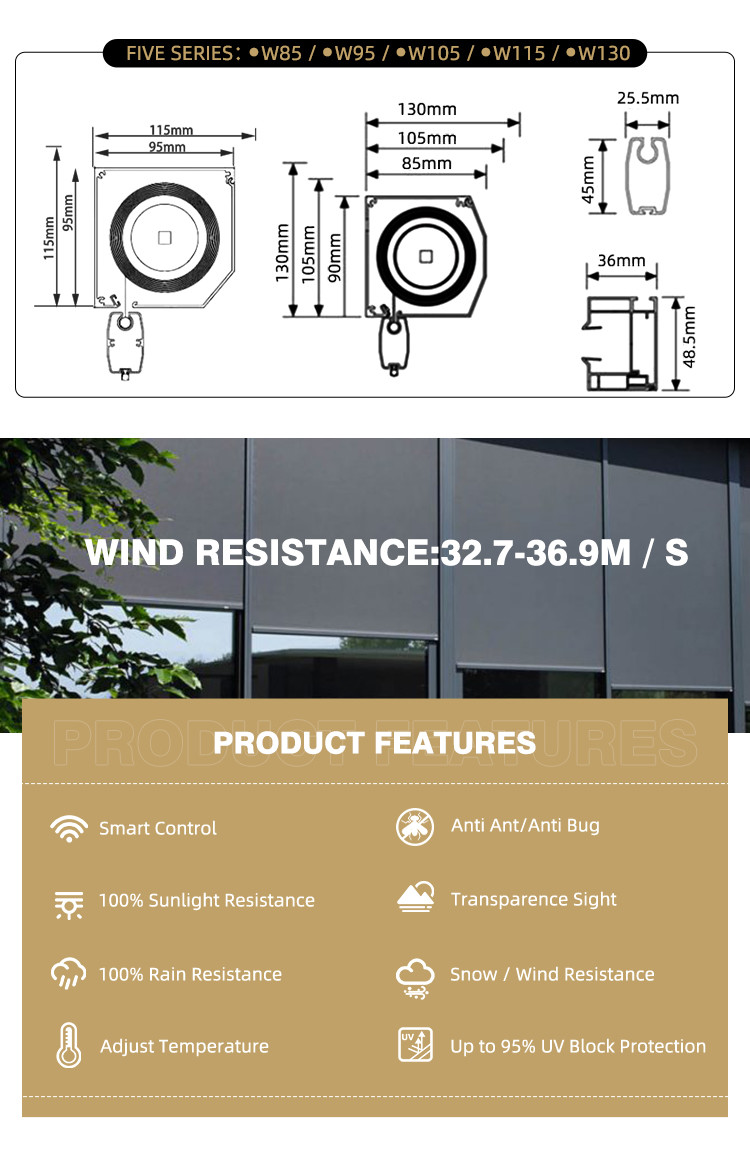Outdoor Rainproof Zip Track Blinds Aluminium Alloy Window Roller Blinds