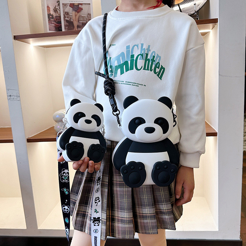 Panda Durable Compact Silicone Coin Bag With Zip Closure Crossbody Shoulder Bag Coin Wallet Bag School Office Supplies