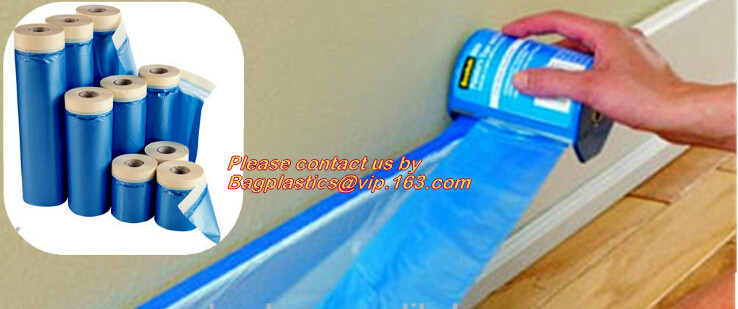 Disposable PE pre-taped self static cling masking film, Cover mask plastic drop film PE protection film with tape, BAGEA