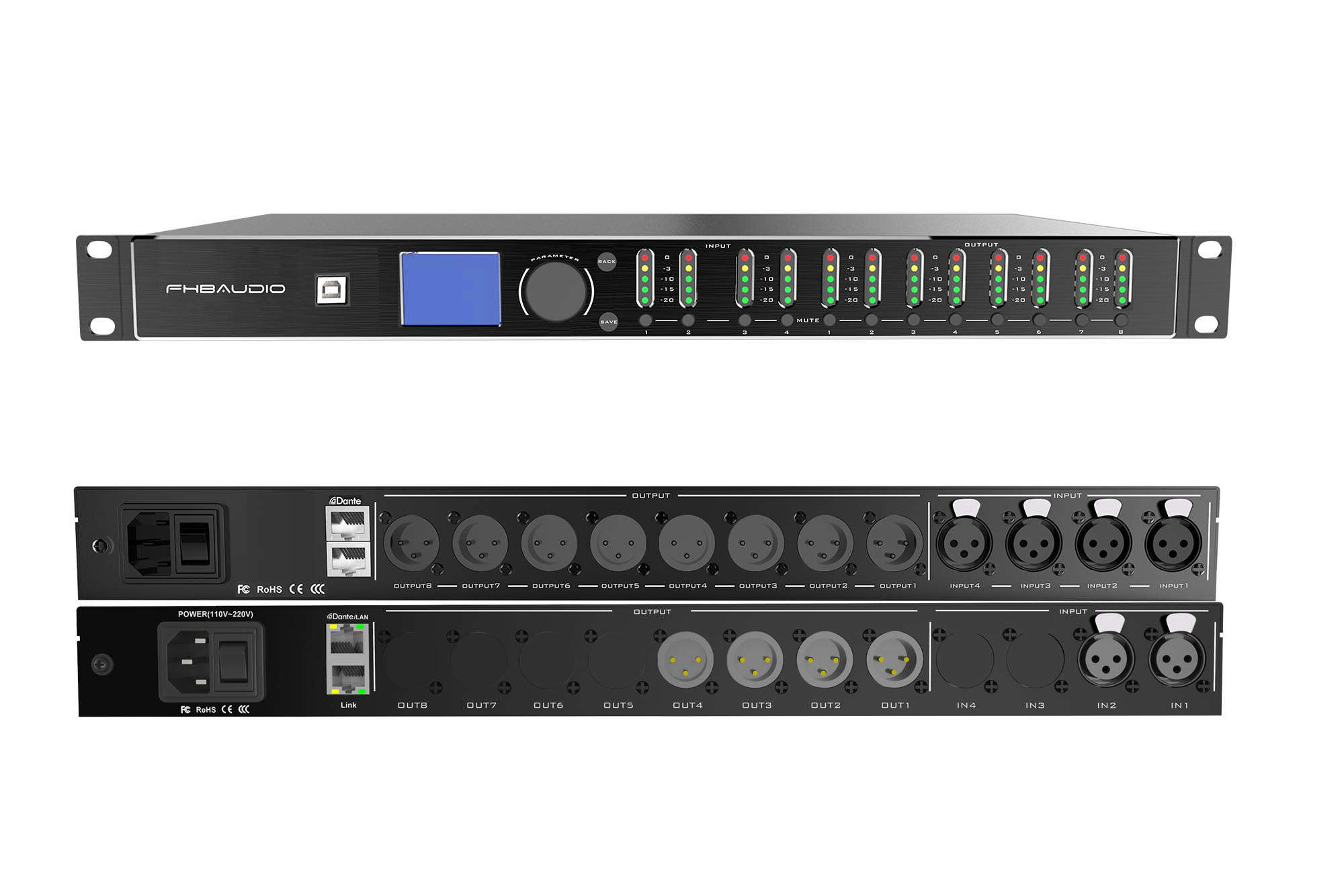  USB And Network Control Dante DSP Processor 4 In 8 Out AGC Loudspeaker System Processor Manufactures