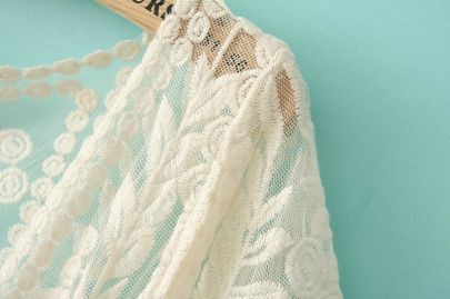Spring/Fall Hot Selling Fashion Women's Clothing Brand See Through White Short Sleeve Crochet Net Lace Cardigan