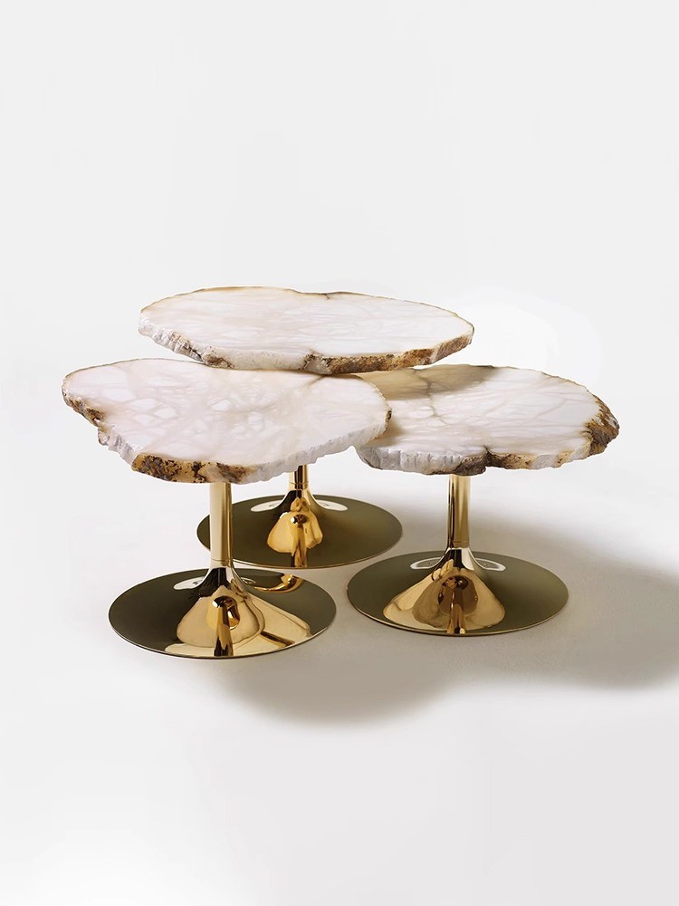 SUS 304 Irregular Shaped Snowstone Coffee Table Set High End Metal Mirror Base