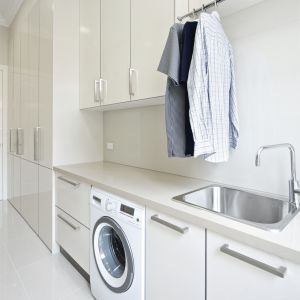 Glossy White Lacquer Laundry Storage Cabinet Sink