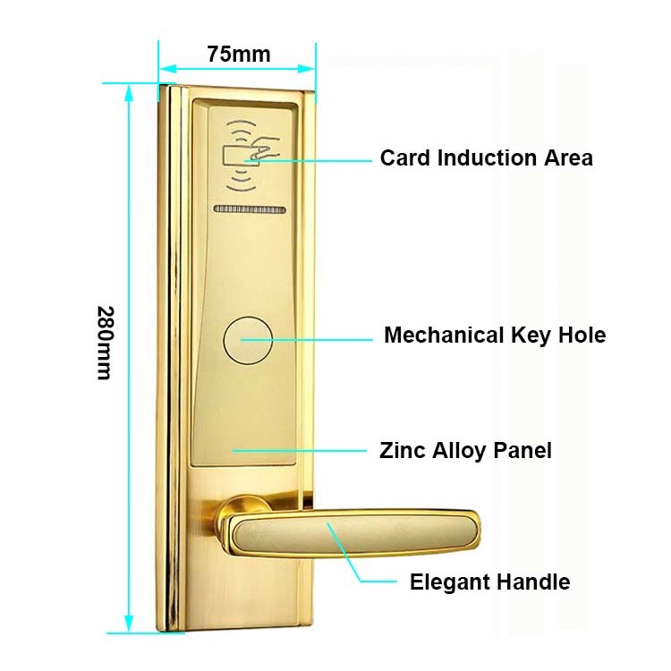 Gold Color Mifare Hotel Key Card Door Locks with Free Management Software System