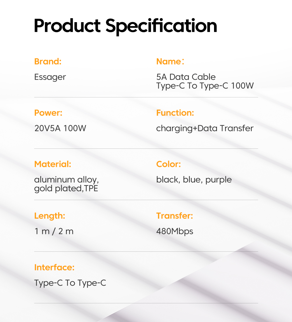 USB2.0 Type C To Type C USB Data Cable Quick Charging 100W 5A 480Mbps Transfer