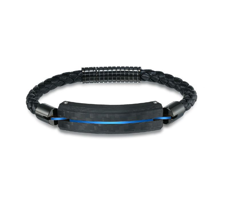 Black Stainless Steel Men's Charm Bracelet Polished Braided Leather Wrap Bracelet