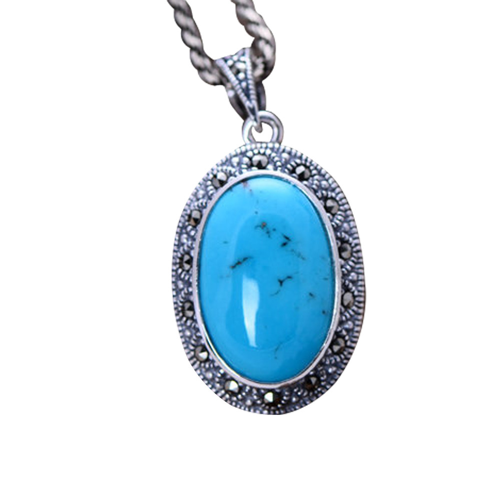 Women Vintage Necklace Sterling Silver Oval Turquoise Marcasite Charm Pendant （XH052566 ）